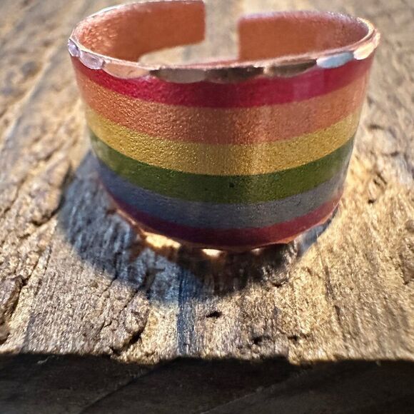 Handmade Boho Copper Wide Cuff Ring, Diamond Cut Rainbow Pride Design, Gift Box - Picture 6 of 7